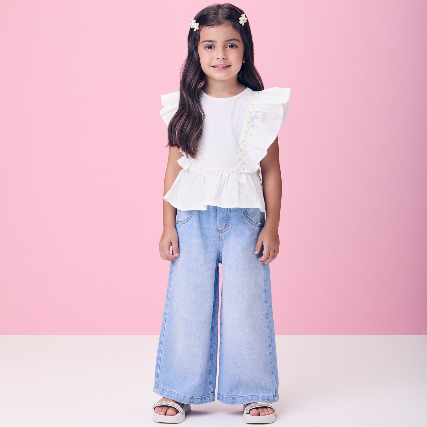 Conjunto Infantil Blusa Babados Bordados e Calça Pingente M - Momi