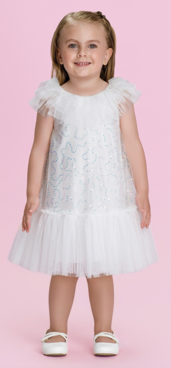 Vestido Infantil Trapézio Tule Bordado Paeté Off White - Petit Cherie