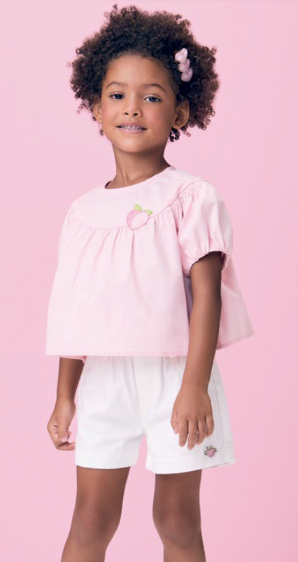 Conjunto Infantil Blusa Rosa Cristal Bordada e Shorts Off - Momi PRÉ-VENDA
