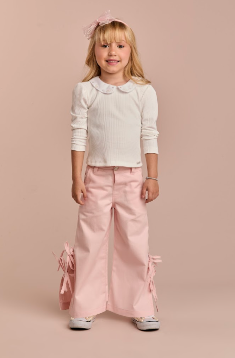 Calça Infantil Wide Sarja Rosa Lacinhos Laterais - Gabriela Aquarela