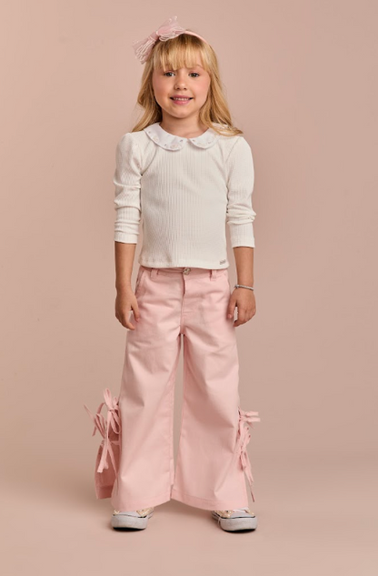 Calça Infantil Wide Sarja Rosa Lacinhos Laterais - Gabriela Aquarela