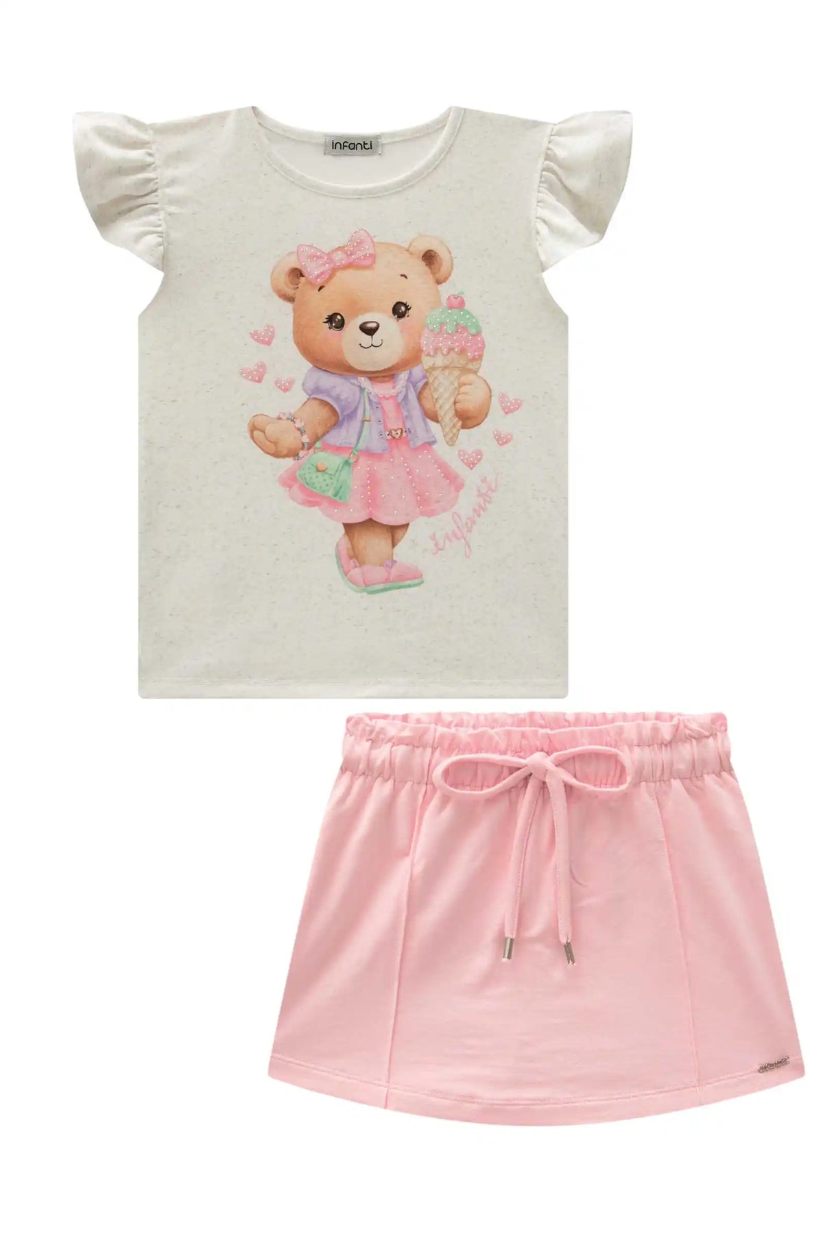 Conjunto Infantil Blusa Urso e Saia Rosa - Infanti