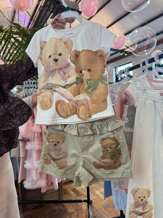Blusa Infantil Cotton Ursinhas Laços de Cristais e Short Infantil Sarja Babados Ursinhos e Cristais - Pituchinhus