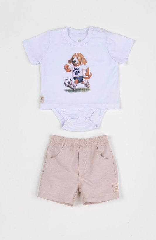 Conjunto Bebê Camiseta-Body Cachorrinho Futebol e Bermuda Bege - Um Mais Um