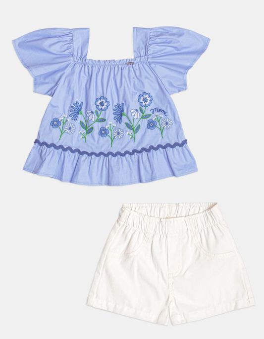 Conjunto Infantil Bata Ombro à Ombro Bordado Floral e Shorts Cós Elástico - Momi