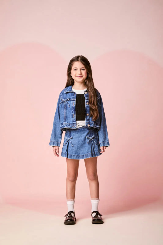 Shorts-Saia Infantil Jeans com Laços - Momi