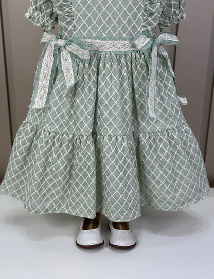 Vestido Bebê Clássico Luxo  Manga Babados e Laços Rendados Verde - Roana