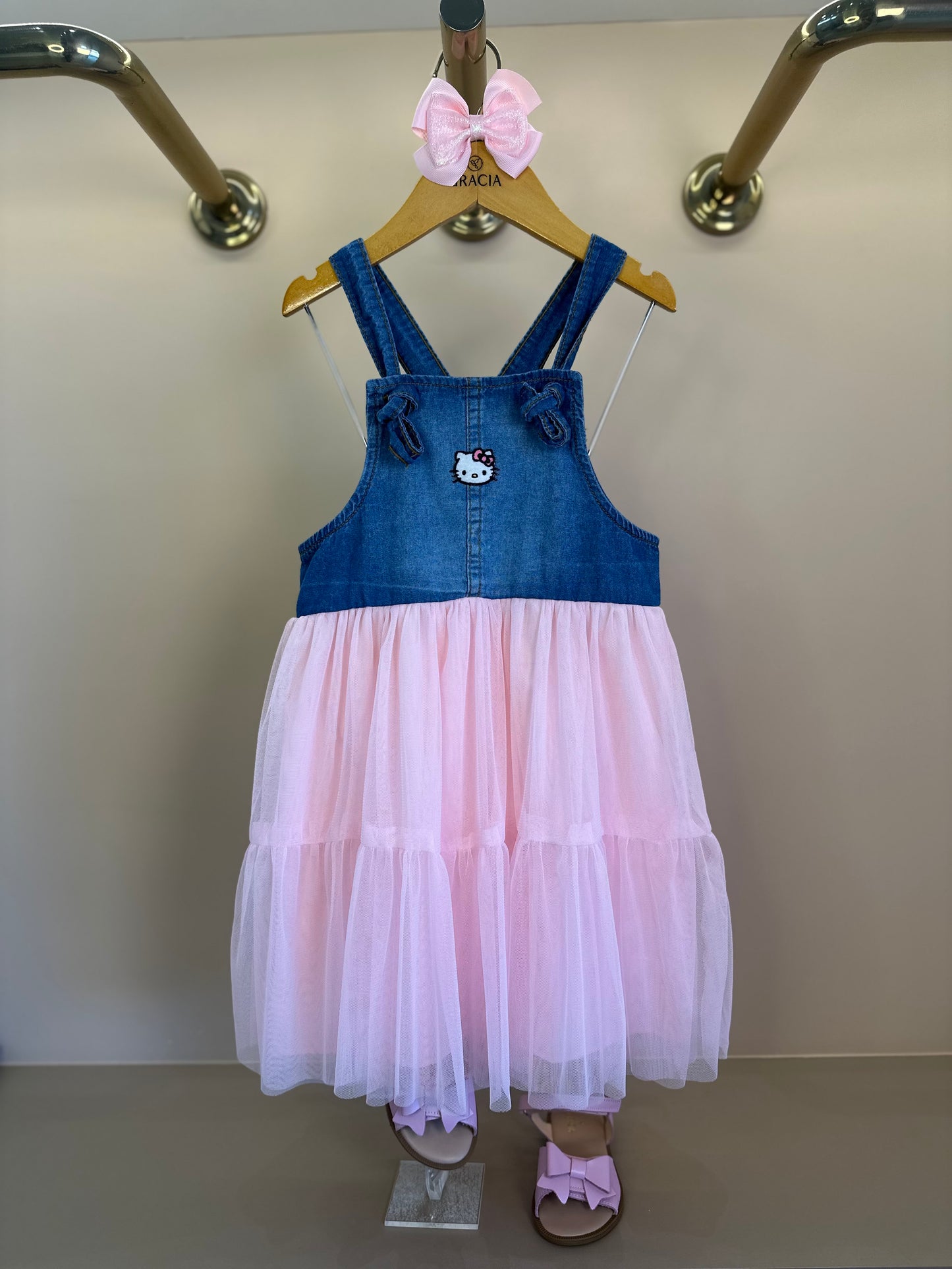 Vestido Infantil Jeans com Tule Rosa Hello Kitty - Momi