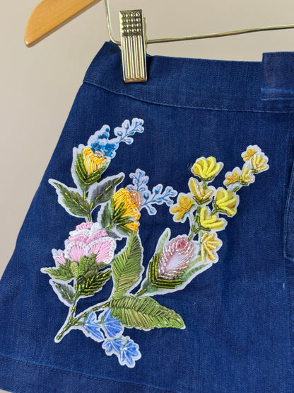 Shorts-Saia Infantil Jeans Bordada Flores - Luluzinha