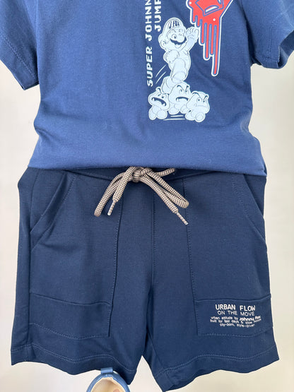 Conjunto Infantil Camiseta Johnny Jumpers Azul Marinho e Bermuda Molevisco Urban Flow Preto - Little Johnny