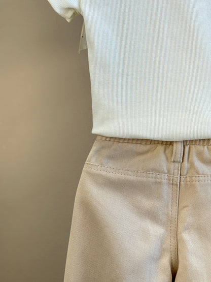 Conjunto Infantil Camiseta Off White Lacinho Tule e Calça Wide Leg Cargo Bege - Gabriela Aquarela
