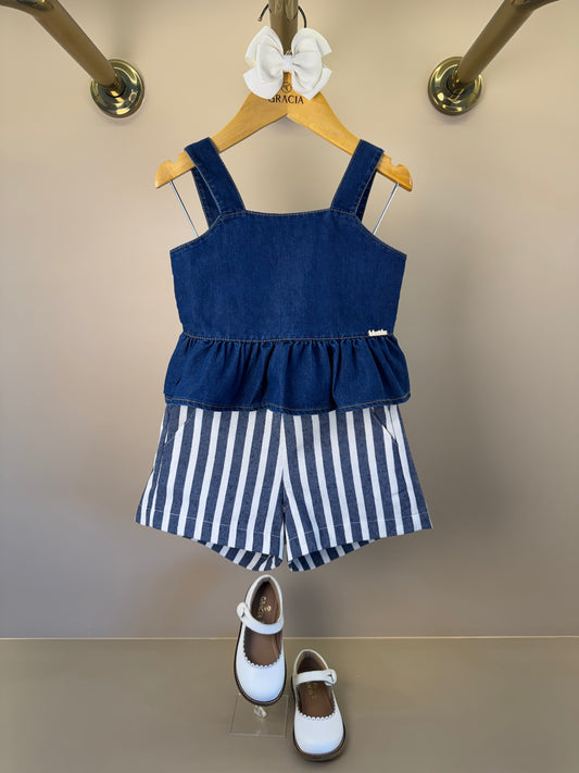 Conjunto Infantil Blusa Jeans Com Babado e Shorts Alfaiataria Listrado - Luluzinha