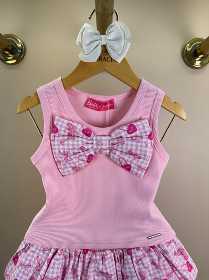 Conjunto Infantil Regata Cropped Laço Puffer Barbie Rosa e Shorts Babado Balonê Rosa Xadrez - Pituchinhus