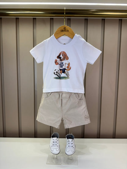 Conjunto Bebê Camiseta-Body Cachorrinho Futebol e Bermuda Bege - Um Mais Um