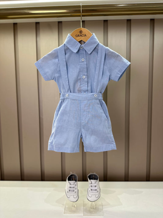Conjunto Bebê Body, Bermuda e  Suspensório Cambraia Linho de Algodão Azul Claro - Um Mais Um
