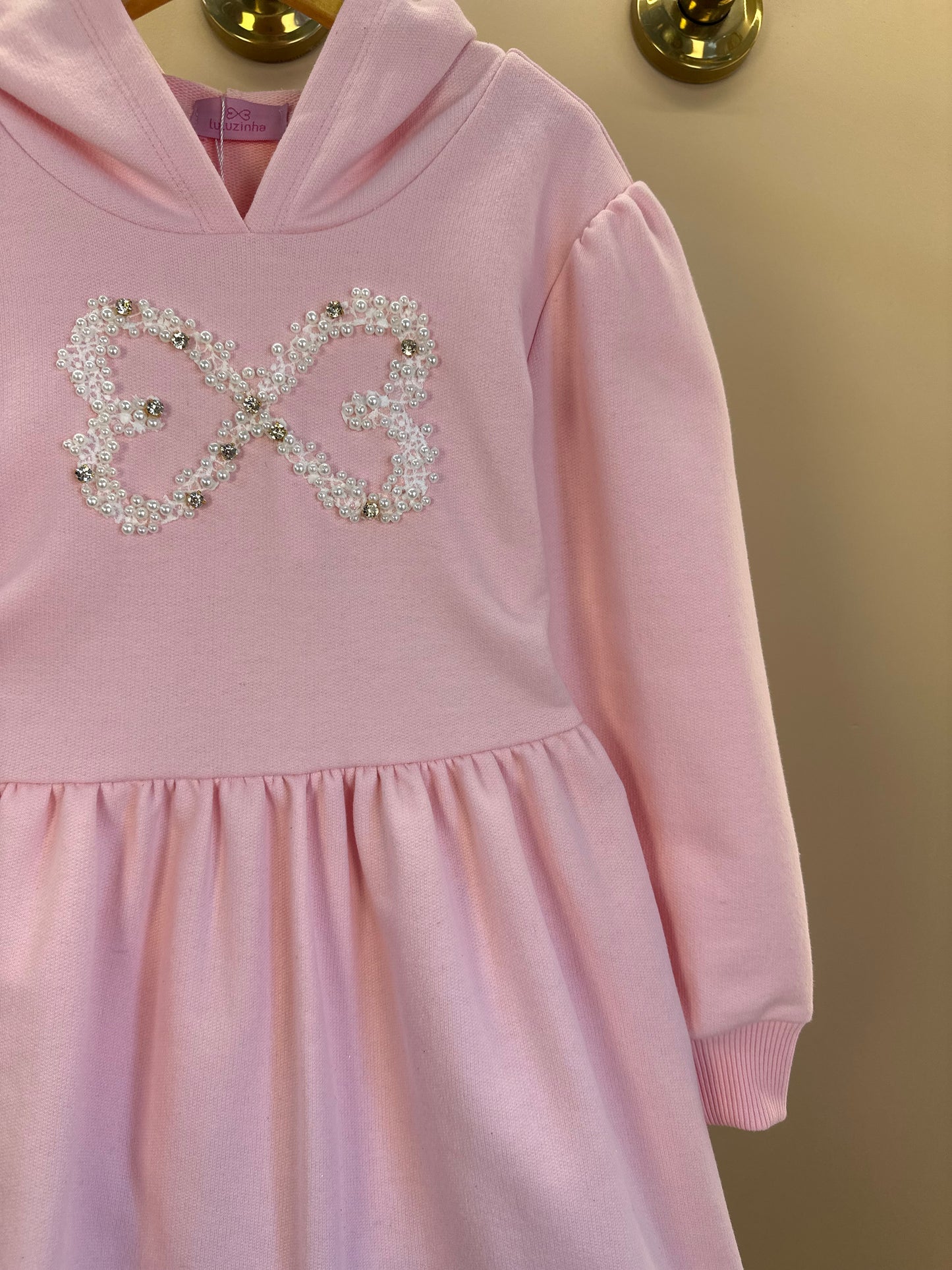 Vestido Infantil ML Moletom Rodado Capuz e Bordado Rosa - Luluzinha