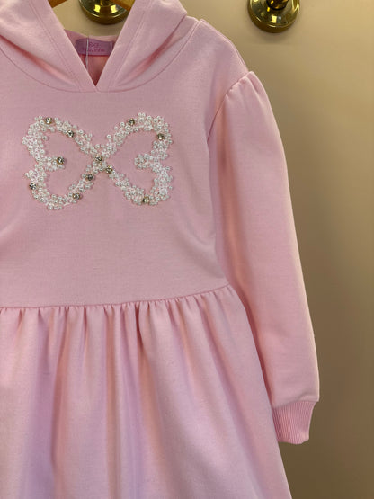 Vestido Infantil ML Moletom Rodado Capuz e Bordado Rosa - Luluzinha
