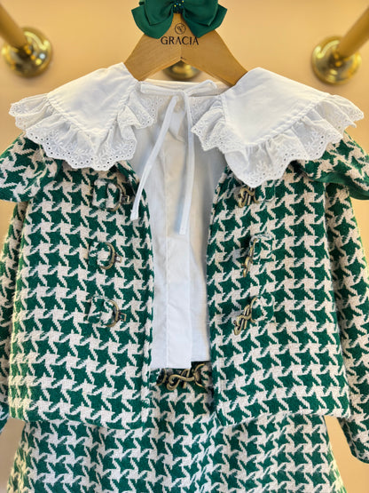 Conjunto Infantil Trio Casaco Tweed Xadrez, Camisa Gola Babados Rendas e Saia Tweed Xadrez - Animê