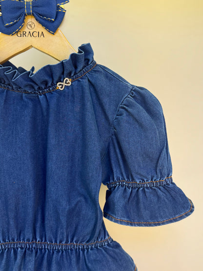 Conjunto Infantil Blusa Jeans Peplum e Shorts Couro Tech Botões - Luluzinha