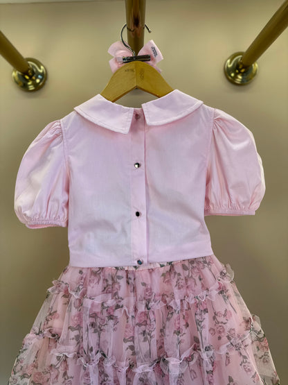 Conjunto Infantil Blusa Tricoline Golinha Patch Strass e Saia Rodada Tule Glitter Floral - Luluzinha PRÉ-VENDA