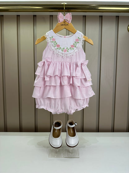Pimpão Bebê Luxo Renda Gola Busto Bordado Babados Rosa - Roana