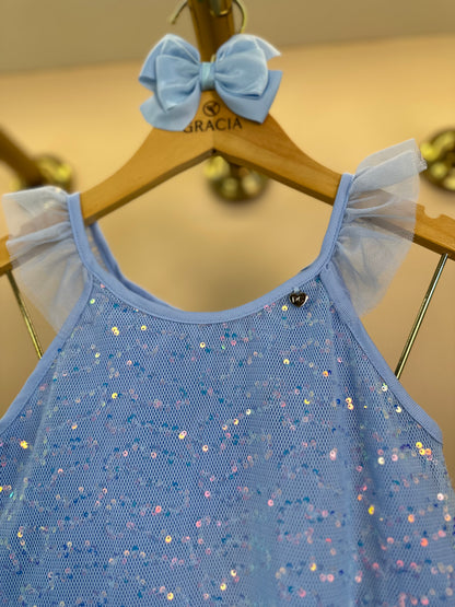 Vestido Infantil Trapézio Tule Paetês Blue - Petit Cherie