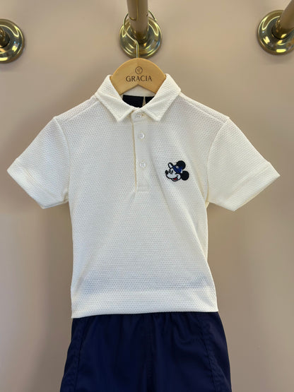 Conjunto Infantil Polo Off White Mickey e Bermuda Sarja Marinho - Youccie