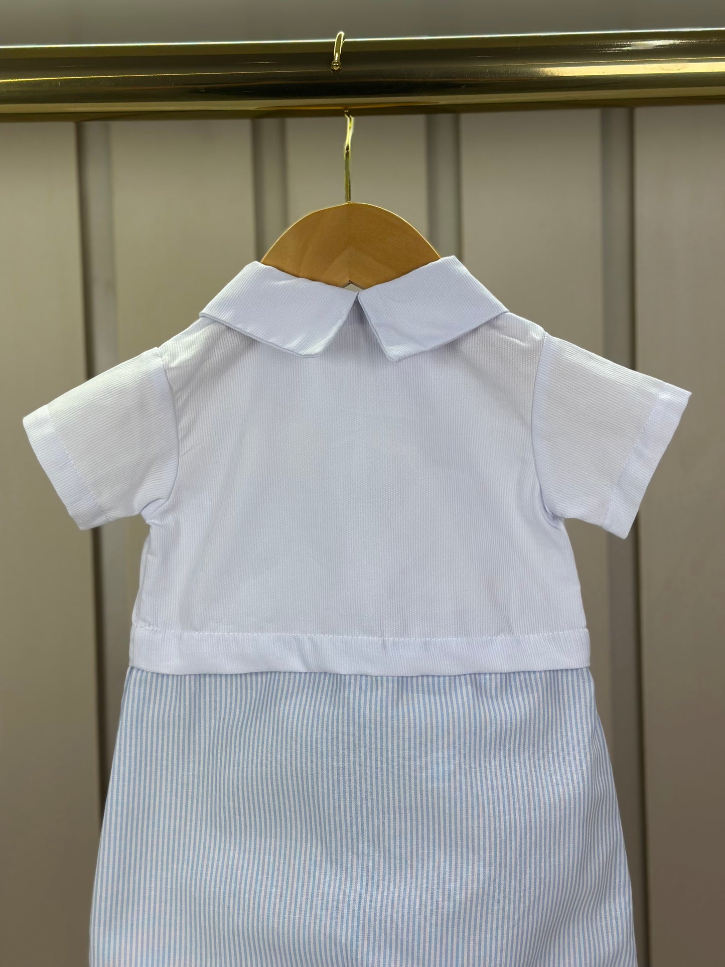 Macaquinho Bebê Botões & Bolso Branco com Listras Azul - Roana