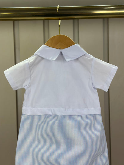 Macaquinho Bebê Botões & Bolso Branco com Listras Azul - Roana
