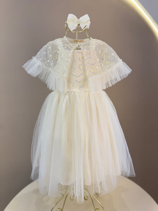 Vestido Infantil Festa com Capa Tule Bordado Creme - Petit Cherie