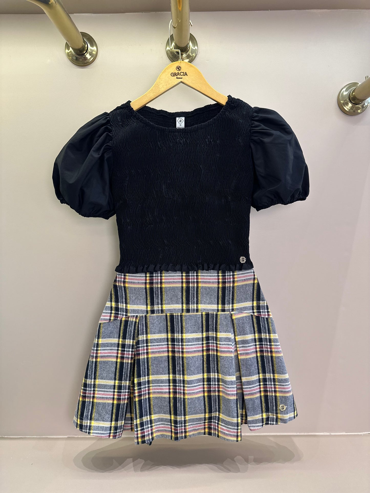 Conjunto Teen Blusa Lastex e Saia Pregas Xadrez - Two In