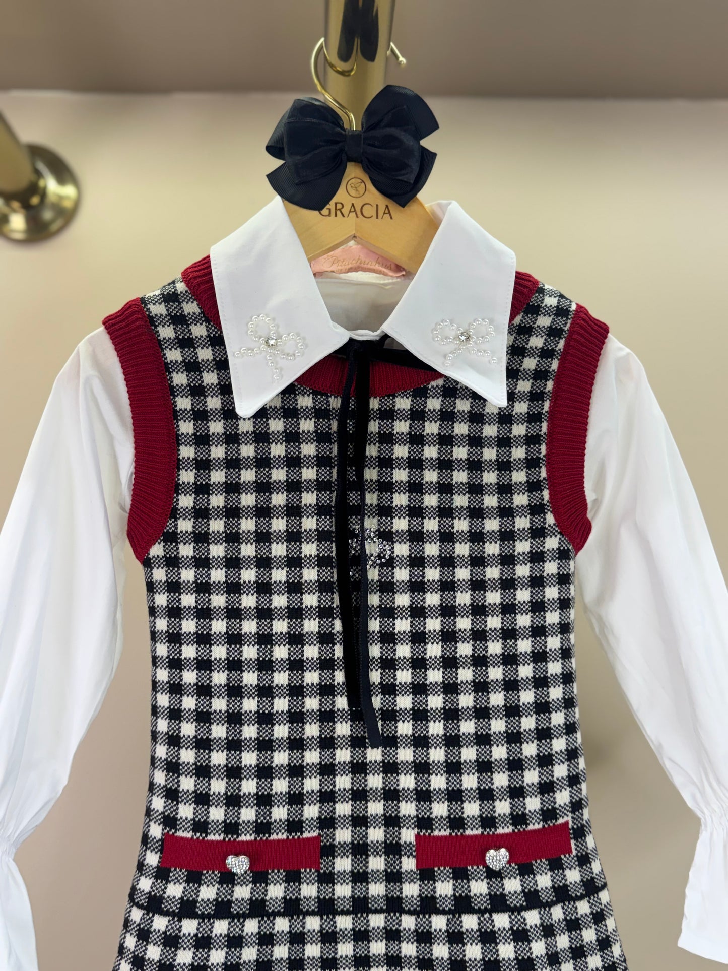 Vestido Infantil Tricot Xadrex Botão Jóia Coração Com Camisa Mini Laços Bordado Fita Veludo - Pituchinhus