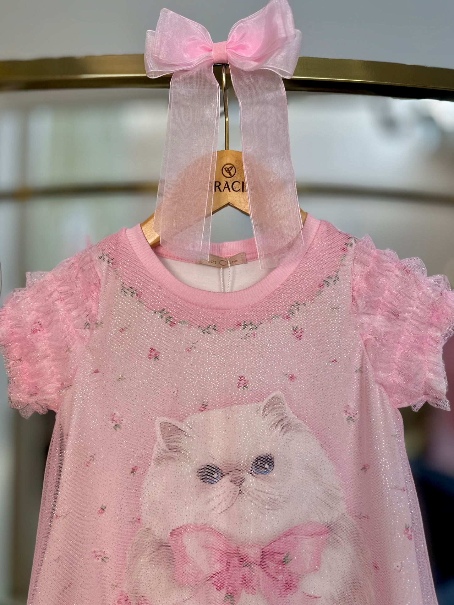 Vestido Infantil Trapézio Gatinho Tule Rosa - Petit Cherie