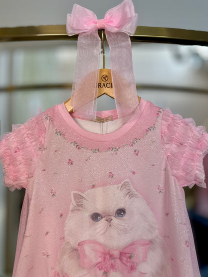 Vestido Infantil Trapézio Gatinho Tule Rosa - Petit Cherie