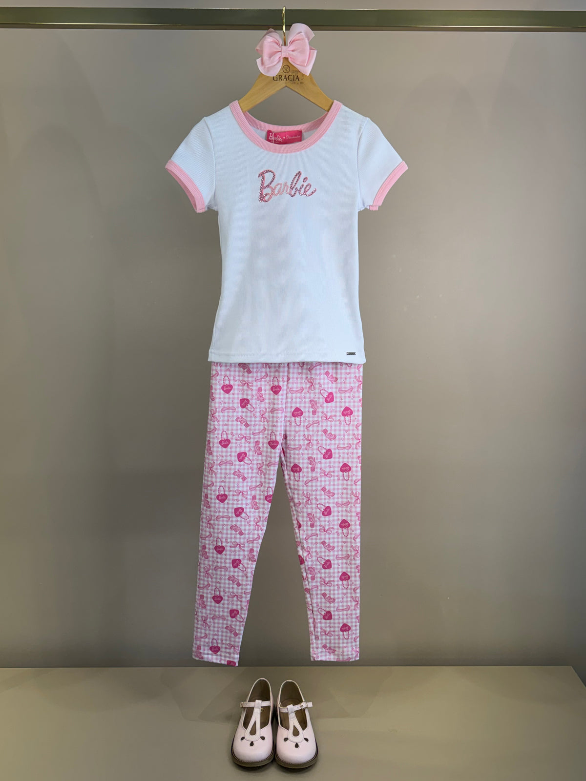 Conjunto Infantil Blusa Barbie Strass Branca e Calça Legging Barbie Rosa Xadrez - Pituchinhus