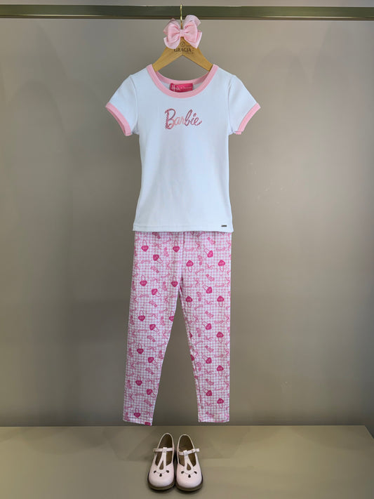 Conjunto Infantil Blusa Barbie Strass Branca e Calça Legging Barbie Rosa Xadrez - Pituchinhus