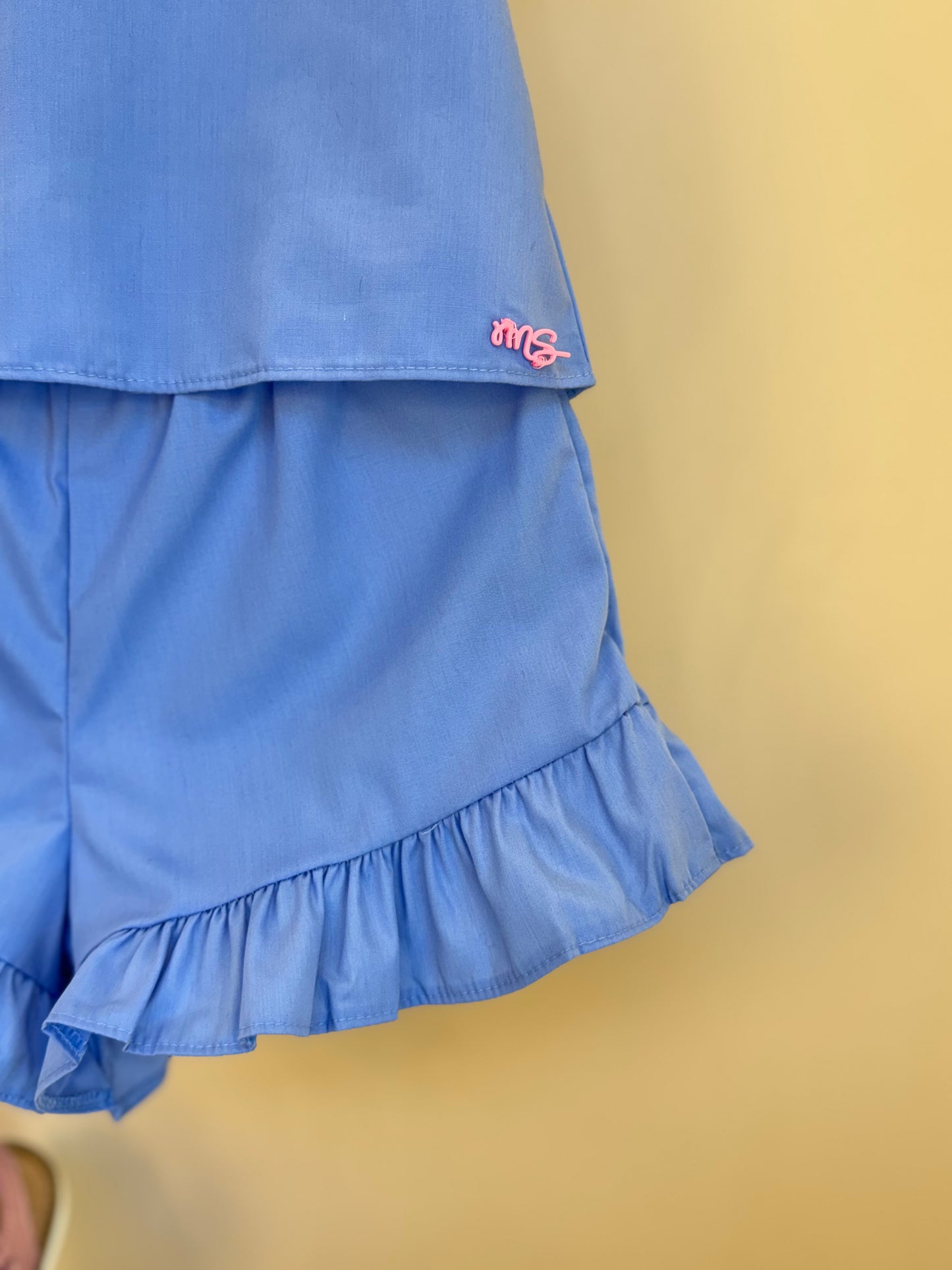 Conjunto Infantil Blusa Bordada Tricoline e Shorts Azul - Mon Sucre