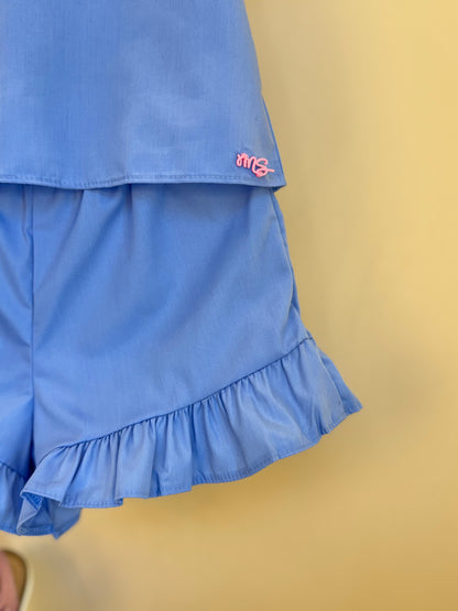 Conjunto Infantil Blusa Bordada Tricoline e Shorts Azul - Mon Sucre