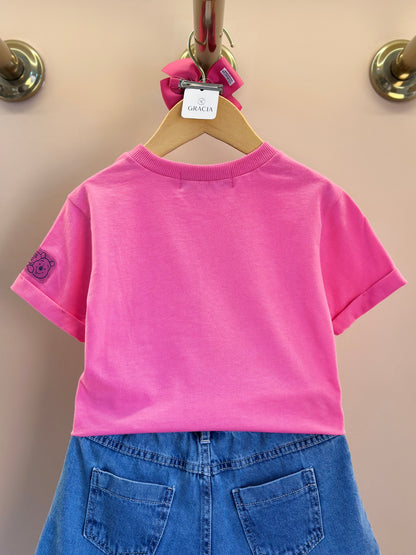 Conjunto Infantil Camiseta e Shorts Jeans Leitão & Pooh Rosa Cherry Donut - Animê Petite