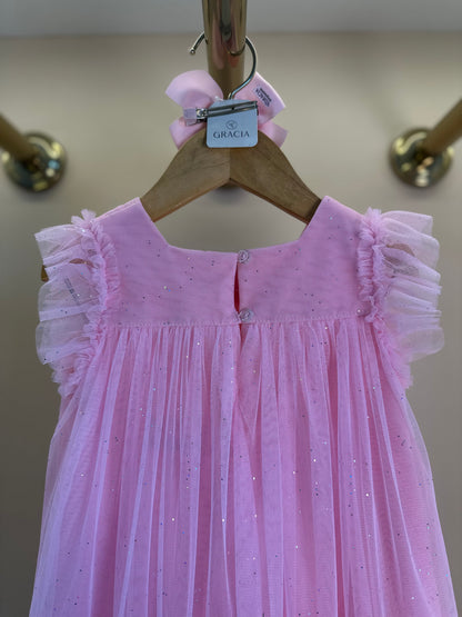 Vestido Infantil Trapézio Tule Glitter Bordado Rosa Baby - Petit Cherie