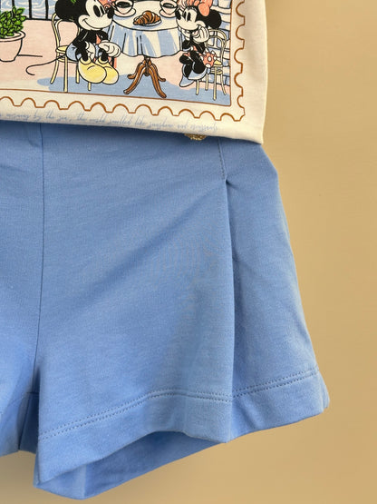 Conjunto Infantil Blusa Mickey e Minnie Paris e Shorts Azul Pregas Com Pingente - Animê