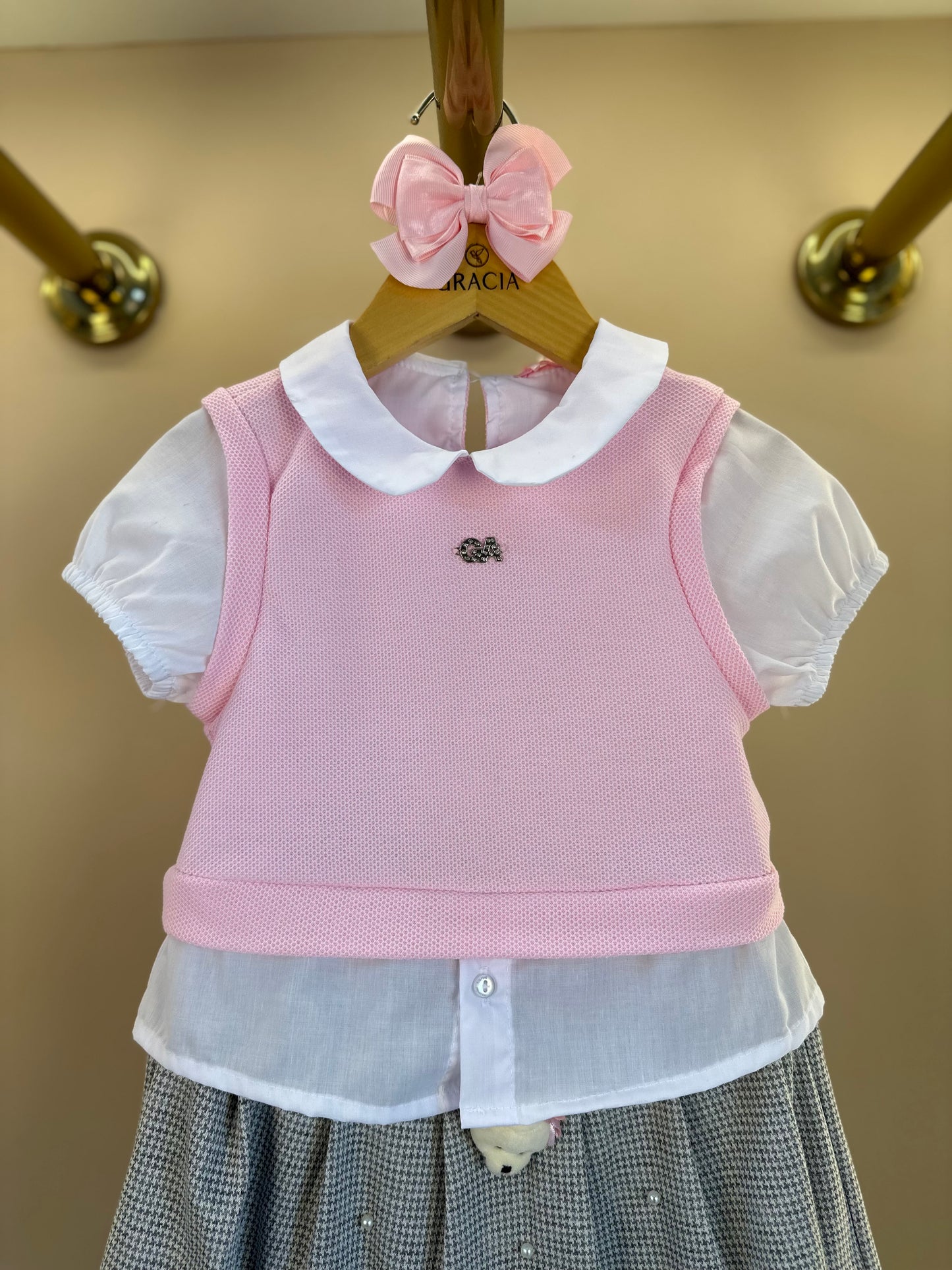 Conjunto Infantil Blusa MC com Tricot Rosa e Saia Pregas Ursinhos - Gabriela Aquarela