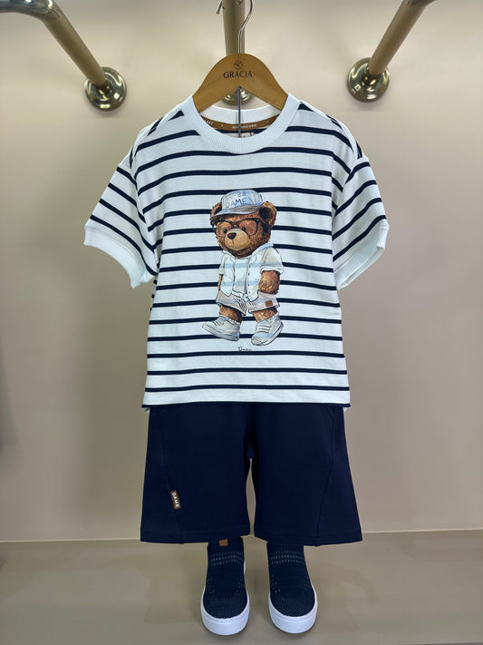 Conjunto Infantil Moletom Camiseta Teddy Summer e Bermuda Marinho - Dame
