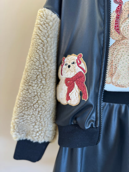 Conjunto Infantil Jaqueta Patches Couro Pele Carneirinho e Saia Evasê Couro Tech Preta - Pituchinhus