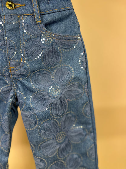 Conjunto Infantil Colete e Calça Jeans Bordada Tule Flores - Animê