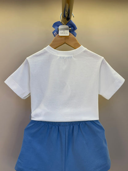 Conjunto Infantil Blusa Urban Blossom e Shorts Azul Laço Tule - Animê