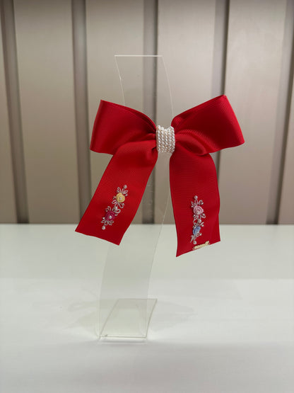 Presilha Infantil Laço Longo Pérolas e Bordados Vermelho - Roana