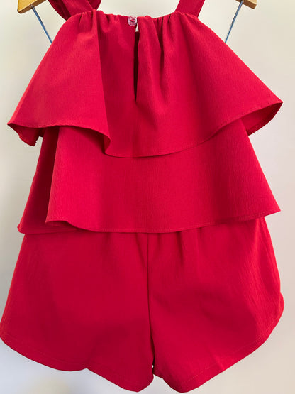 Conjunto Infantil Blusa Babado Laço Lateral e Shorts Vermelho - Mon Sucre