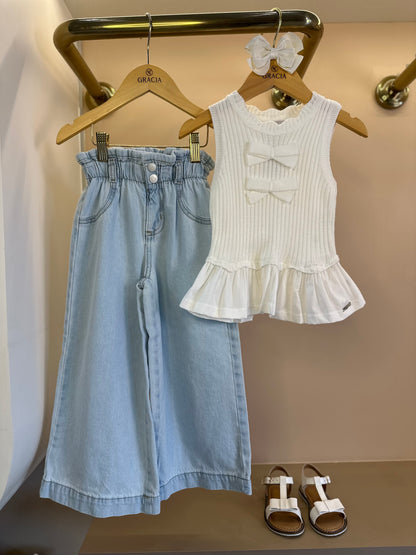 Conjunto Infantil Blusa Tricot Lacinhos e Babados e Calça Jeans Cós Clochard - Momi