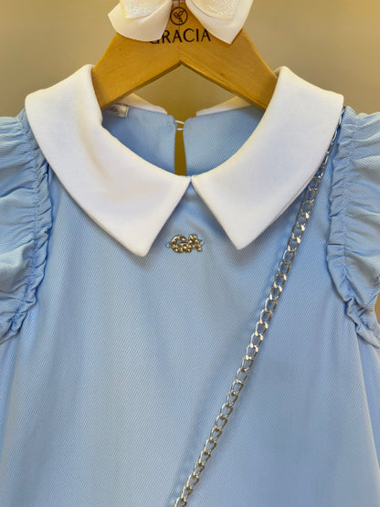 Vestido Infantil Algodão Azul com Bolsinha Coelhinho - Gabriela Aquarela